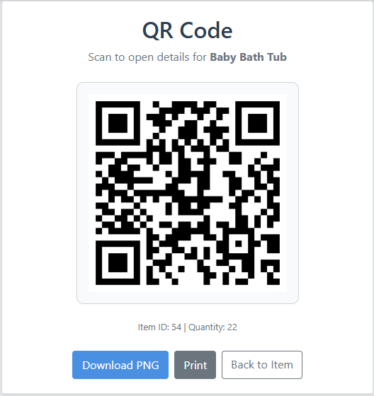 Localhost testing screenshot of the Safe Future QR code workflow UI for an inventory item